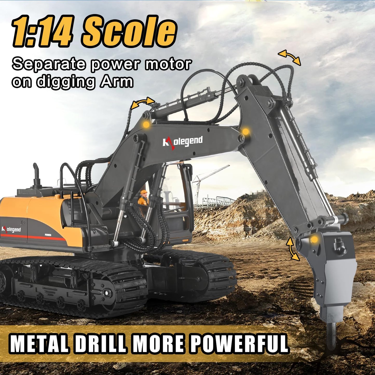 kolegend 1/14 Scale 3 in 1 Remote Control Excavator Toy, Metal, Yellow/Black, Model k103, Full Functional with Tools