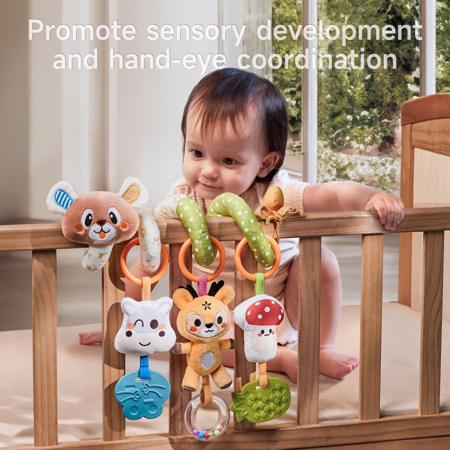 TUMAMA Baby Activity Toy Cute Bear Spiral Toy with Hanging Toys, Clips Detachable Sensory Stimulating Baby Toys 0-3 3-6 Months f
