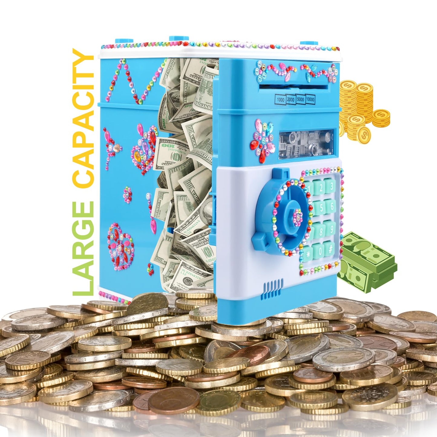 Piggy Bank For Kids Girls Boys With Password Code Lock Cash Coin Can Piggy Bank Girls Electronic Money Safe Bank For Kids Money Box With Diy Diamond Sticker Gift For 4 7 8 9 10 11 Year Old Boys Girls