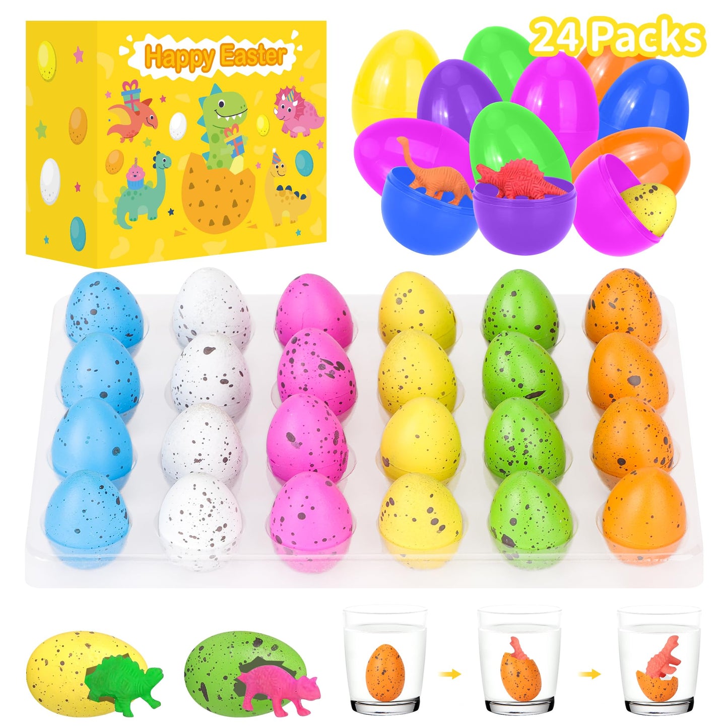 yocjoky 24 PCS Easter Eggs Fillers - Hatching Dinosaur Egg with Mini Toys Inside for Easter Baskets - Easter Egg Hunt, Toddler,