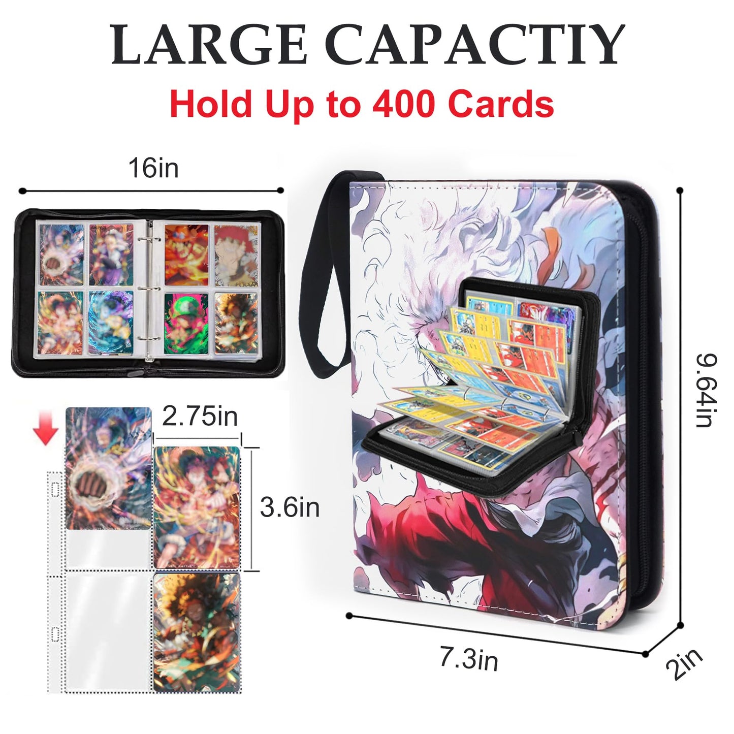 WEST TUNE 400 Pockets Anime Card Binder - Portable Waterproof Storage Book for One Piece Cards, Model WTV028, Removable Sleeves