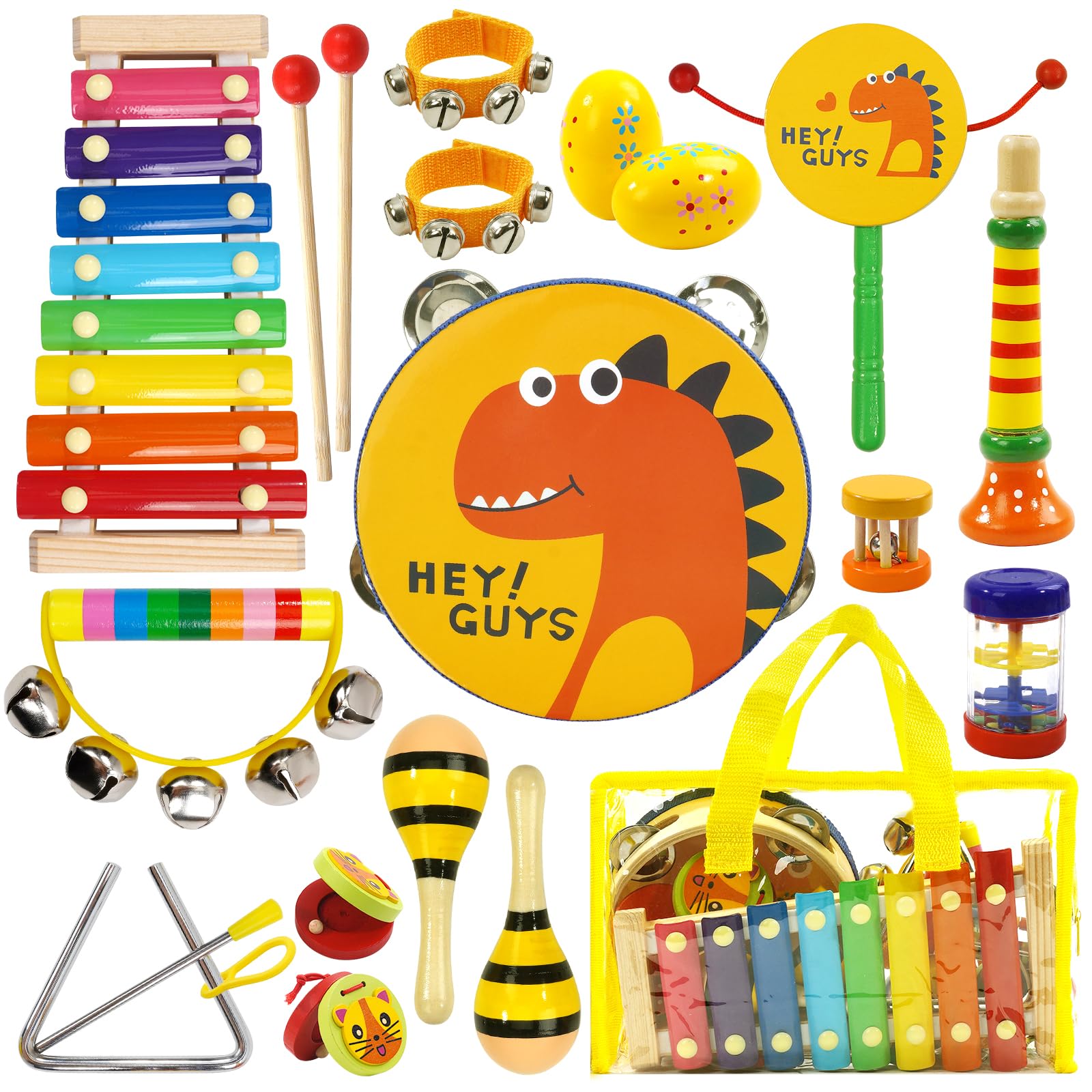 Raimy Kids Musical Instruments Set - Wooden Percussion Instruments Toy For Toddler Baby, Preschool Educational Music Toys For Boys And Girls With Carrying Bag (Yellow)