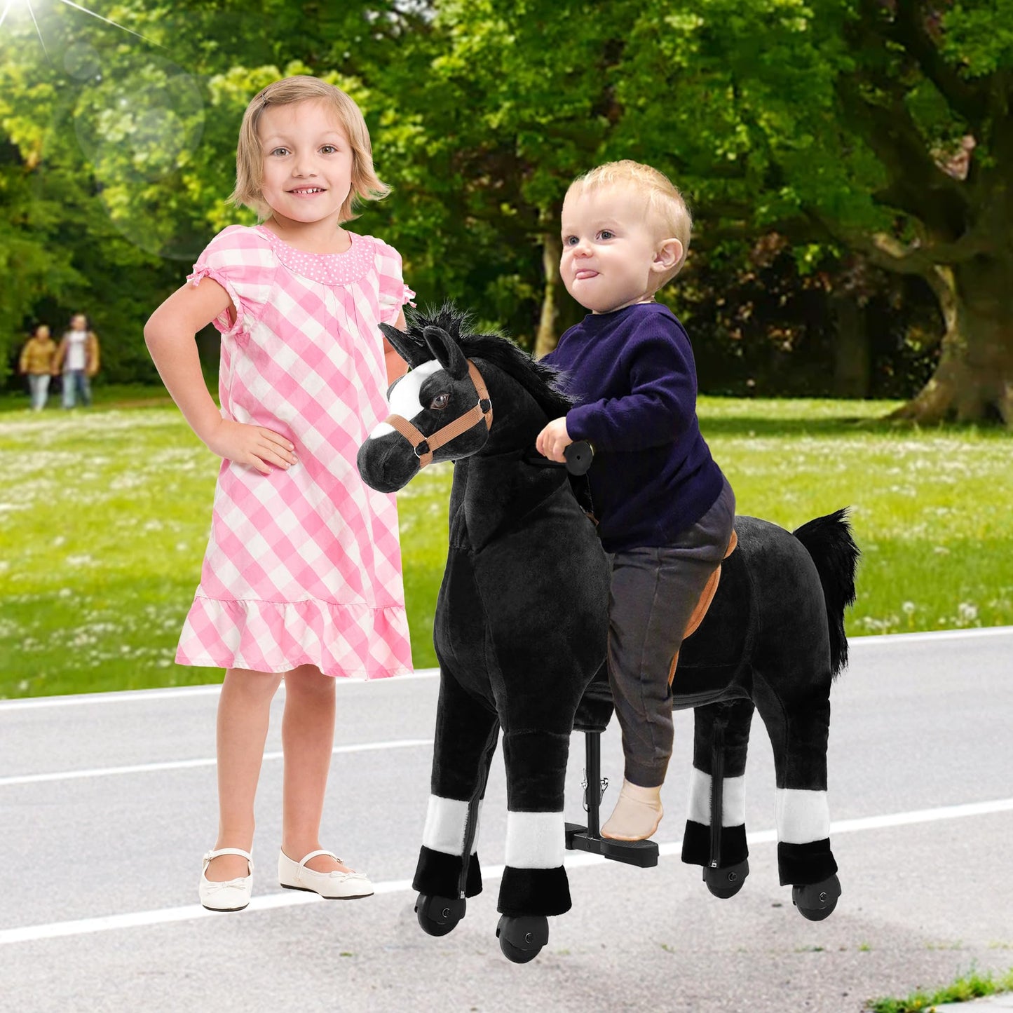 Pipleo Ride on Horse for Kids, Plush Mechanical Animal, M Size for Age 4-9, Black, No Battery, Max Load 165 LBS