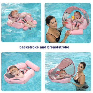VQ-Ant Baby Pool Float with Canopy - Non-Inflatable, Medium, Pink, Improved Design to Prevent Flip Over, Pearl Foam Material