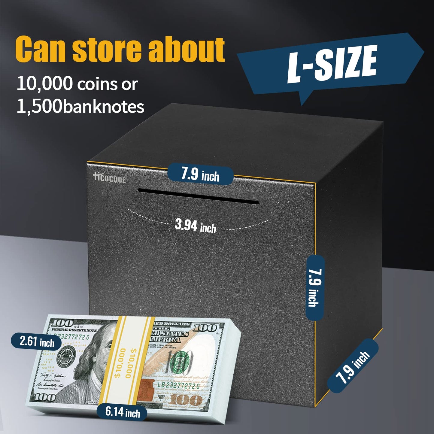 hicocool Piggy Bank for mature-themeds Must Break to Open Large  Stainless Steel mature-themed Piggy Bank for Real Money  Unbreakable Metal Money Bank for Cash Saving(7.9 inches  Black)