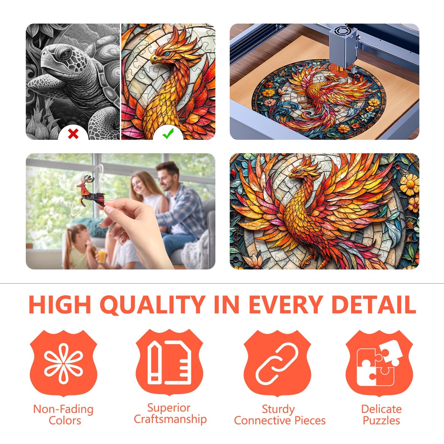 Wooden Puzzles for mature-themeds  Stained Glass Phoenix Wooden Jigsaw Puzzle for mature-themeds  Flowers Wood Puzzles mature-themed  Unique Animal Shape  Gifts for Friends  Family  Home Decor (M-11.4 * 11.4 in -200 Pieces)