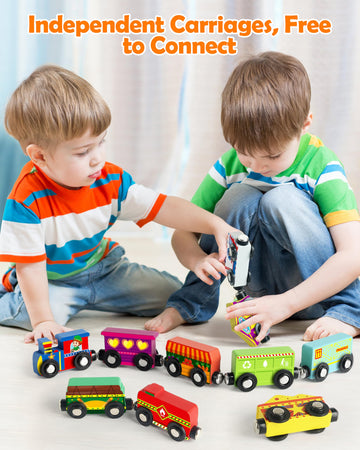 Vanmor Wooden Magnetic Train Set For Toddlers,10-Piece Educational Toy Cars With Magnets, Includes Storage Bag, Skill-Building Wooden Trains For Boys & Girls, For Kids 3-5 And 4-8 Years