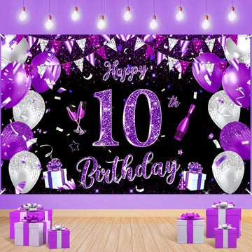 Purple 10Th Birthday Decoration Banner For Girls Large Black Purple Silver Happy 10Th Birthday Banner Purple And Black 10Th Background For 10Th Birthday Anniversary Party Supplies