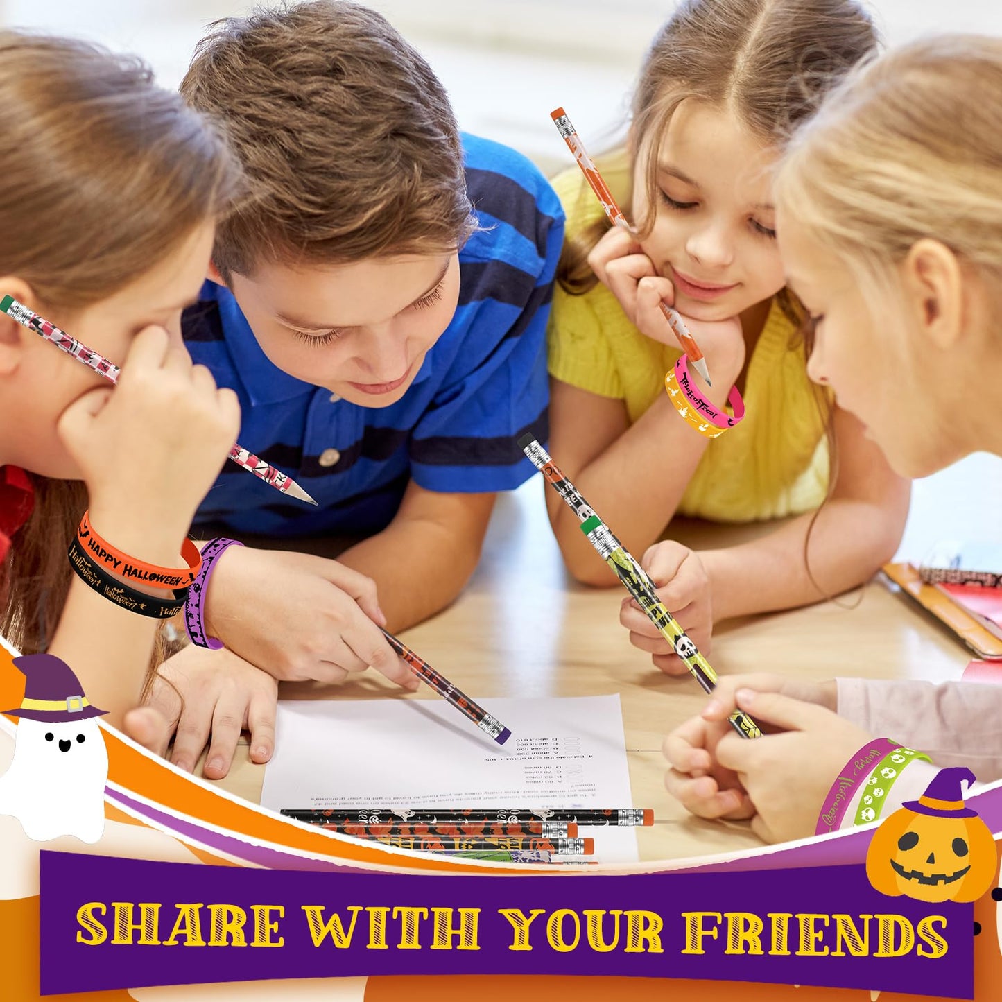 48 Pcs Halloween Pencils Halloween Rubber Bracelets Set Halloween Party Favors for Kids Ghost Pumpkin Skeleton Bat Spider Pencil