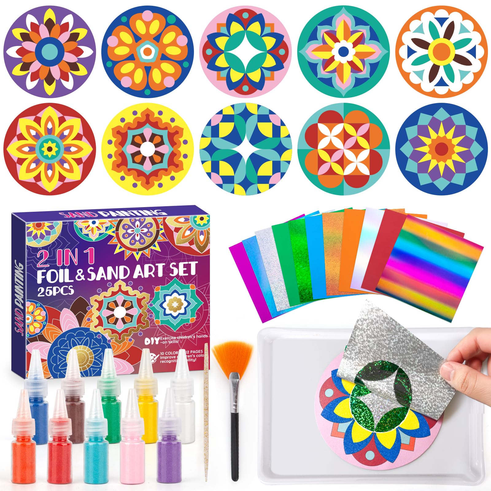 TENYEAH Foil Fun & Sand Art Kit for Kids, 2 in 1 Mandala Foil Arts and Sand Painting Pictures Coloring Kits, DIY Crafts Gifts fo
