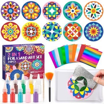 TENYEAH Foil Fun & Sand Art Kit for Kids, 2 in 1 Mandala Foil Arts and Sand Painting Pictures Coloring Kits, DIY Crafts Gifts fo
