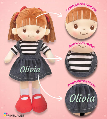 Personalized Rag Dolls for Girls - Custom 16 Inches Soft Plush Snuggle Baby Doll for Toddlers Stuffed Toys - Muecas de Trapo Personalizadas para Nias - Jean Skirt