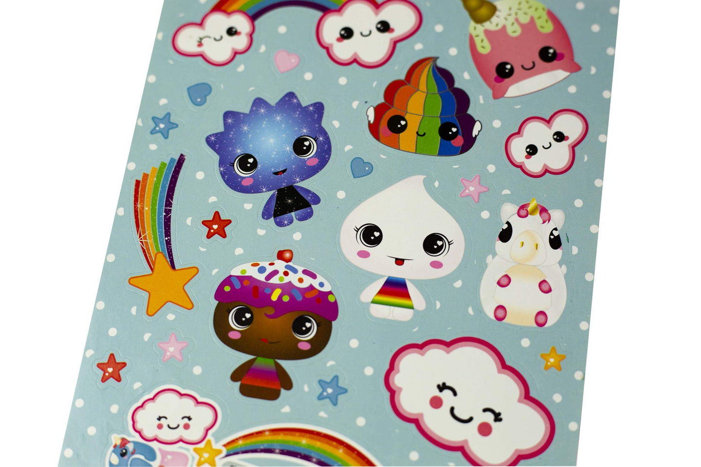 Glitter Galaxy Sticker Friends Sheet Wave 1 - Ten Large Character with Small Heart & Star Effects Stickers - Cute Rainbow Poop,