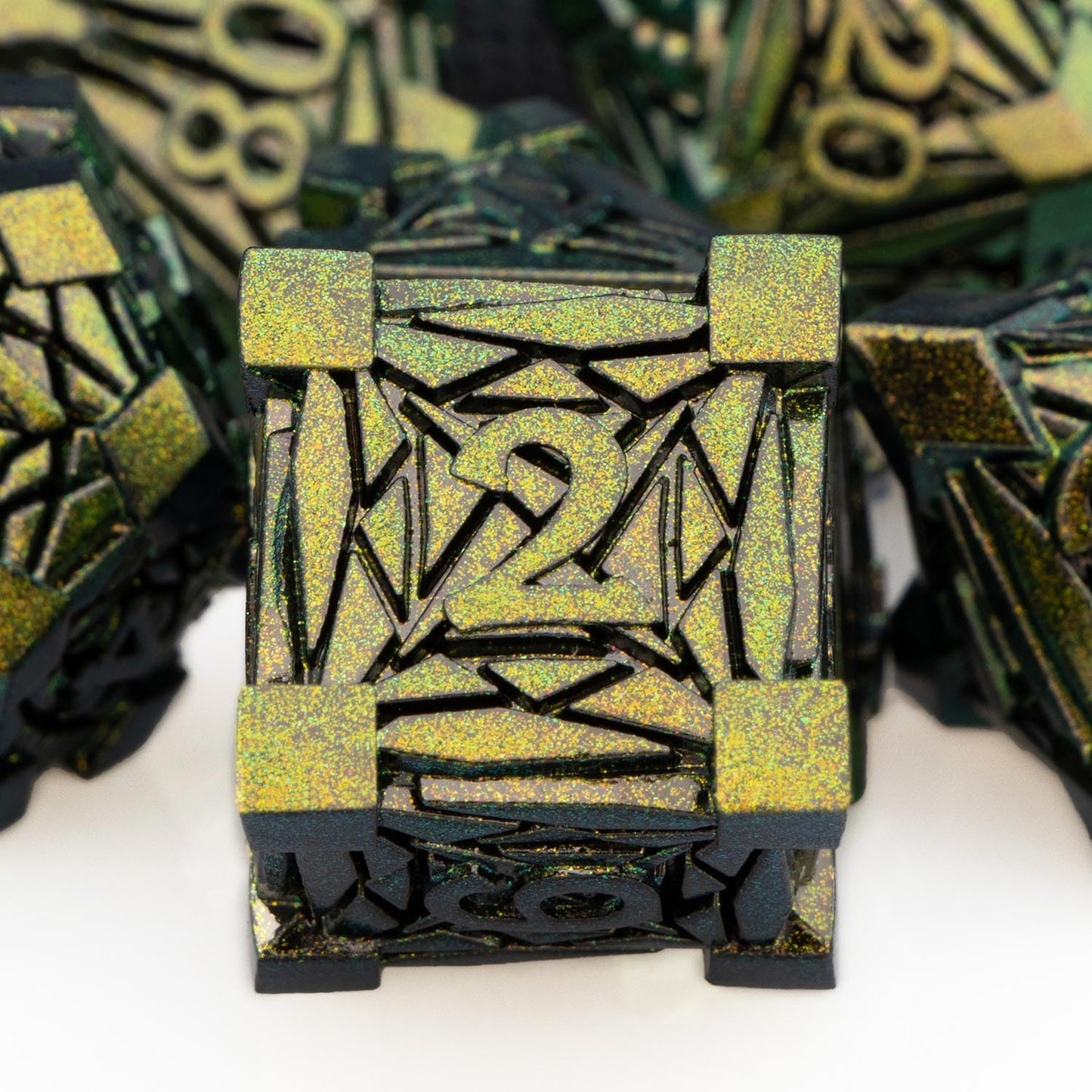 ORIFANTOU 7PCS Metal DND Dice Set Green Yellow D&D Dice with Box, Debris RPG D and D Dice Dungeons and Dragons Role Playing Game