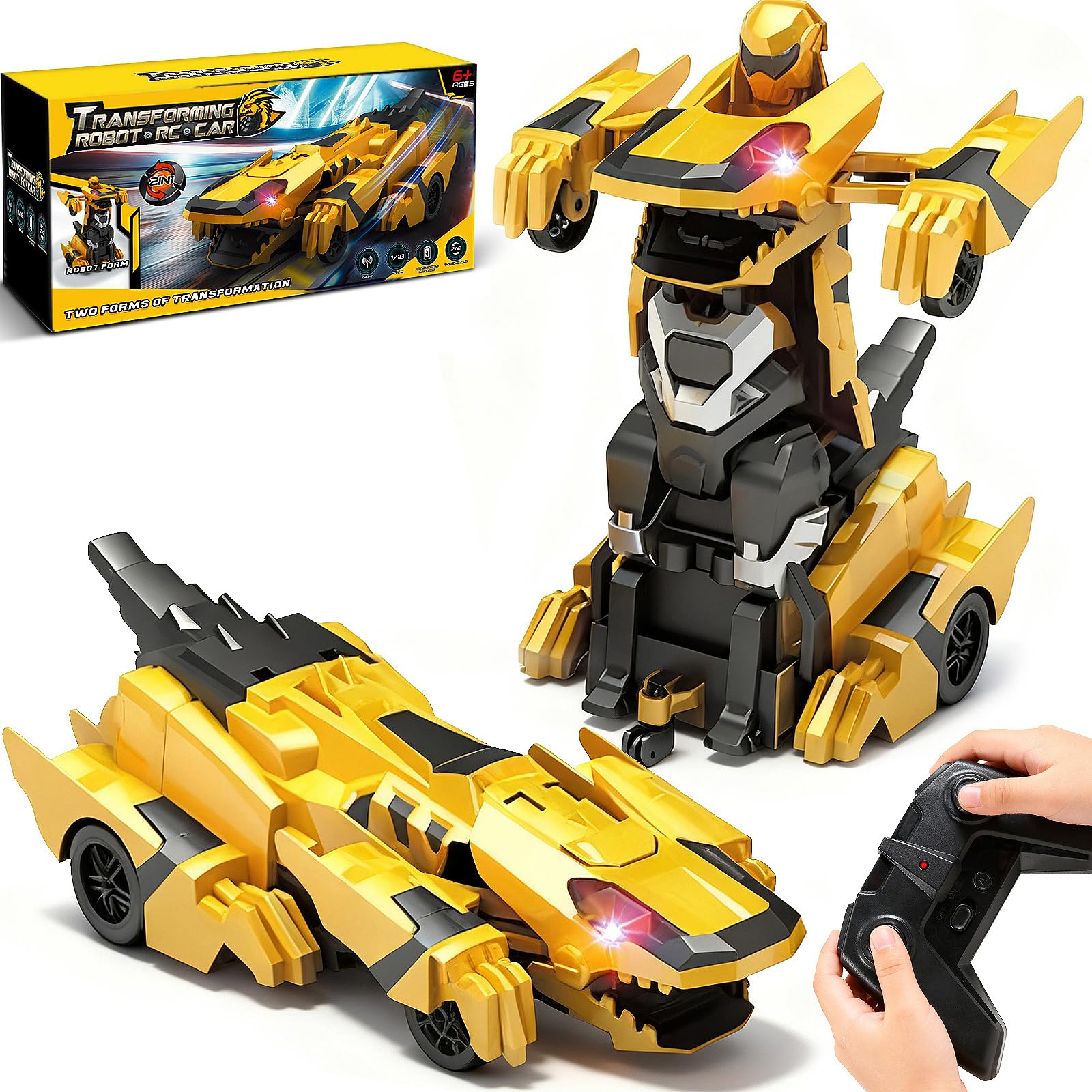 Ufilni Kids Toys Dinosaur Transform Rc Cars, 2.4Ghz Remote Control Car Transforming Robot with Flashing Light, 360 Rotation One 