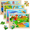 Wooden Puzzles for Kids Ages 4-6, 4 Pack with 24 Pieces Dinosaur, Animal, Ocean, Vehicle Wooden Puzzles for Toddlers Set, Educat