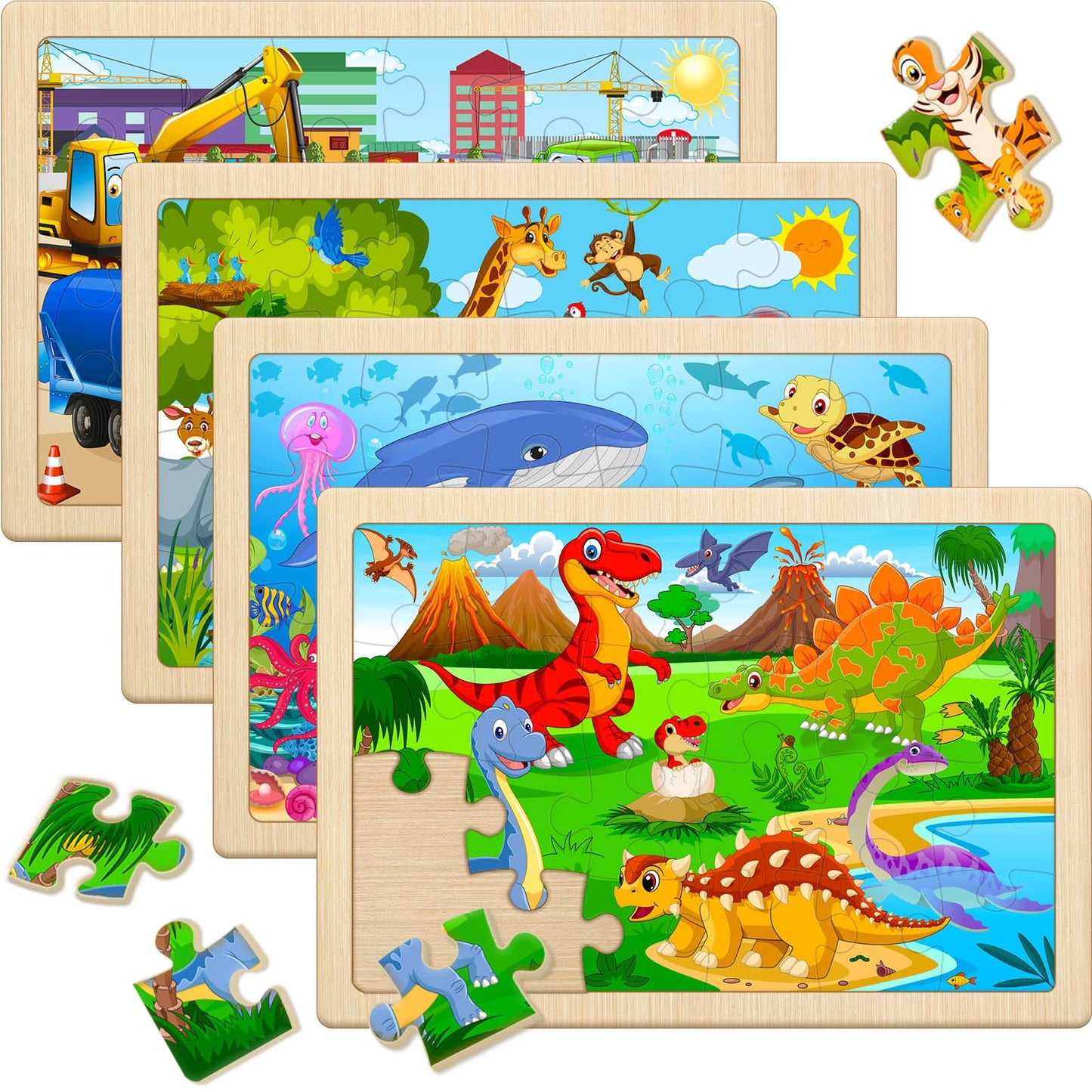 Wooden Puzzles for Kids Ages 4-6, 4 Pack with 24 Pieces Dinosaur, Animal, Ocean, Vehicle Wooden Puzzles for Toddlers Set, Educat