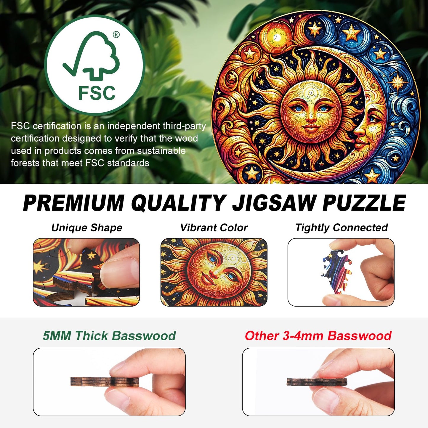 Sun and Moon Wooden Puzzles for mature-themeds  200pcs Wooden Jigsaw Puzzles for mature-themeds  Sun and Moon Unique Shaped Jigsaw Puzzles Creative Gift for Friend Family Game Medium Size 10'' x 10''