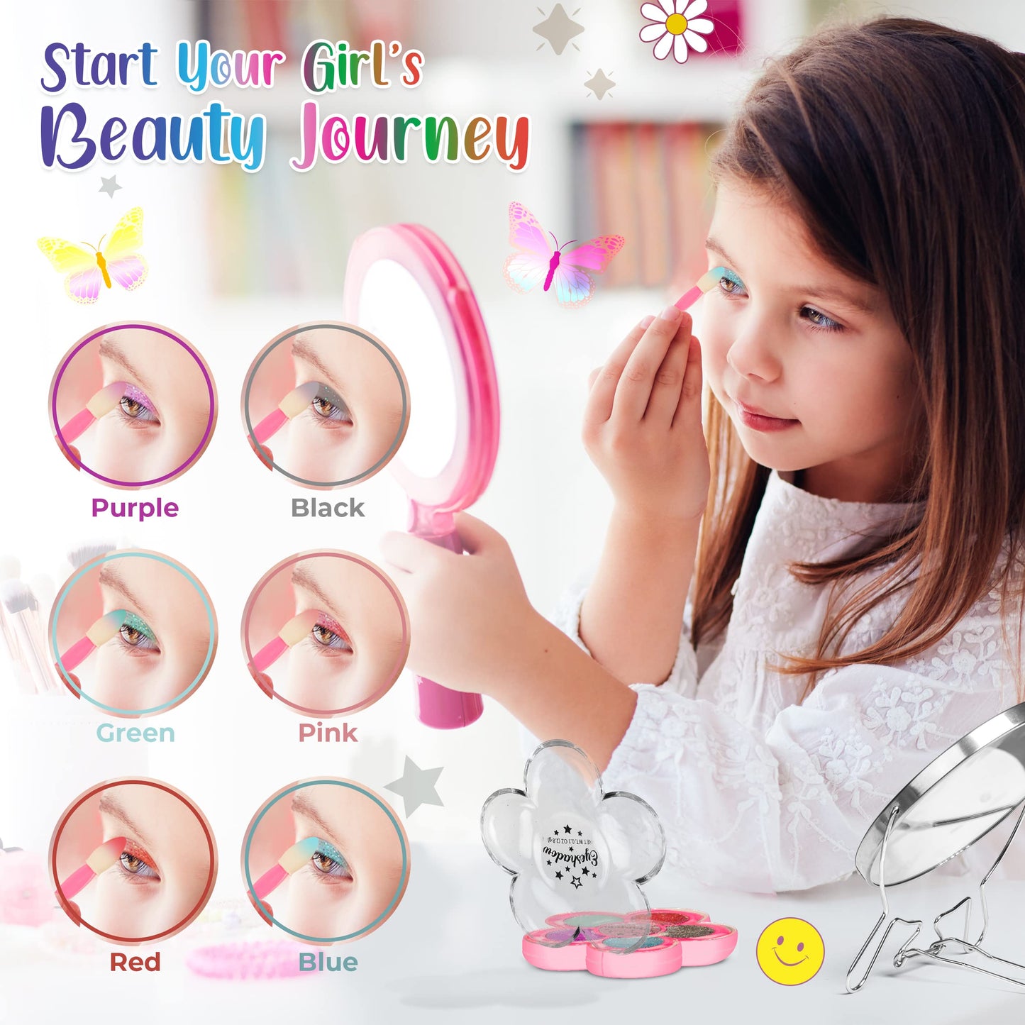 Hot Focus Toddler Makeup Kit - Girls Makeup Kit with Mood Change Lipsticks and Colorful Eyeshadow Palette - Kid-Friendly, Washab