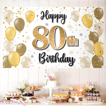 LASKYER Happy 80th Birthday Decorations,80th Gold Balloon Large Birthday Banner Backdrop Sign,Cheers to Eighty Years Old Bday Pa
