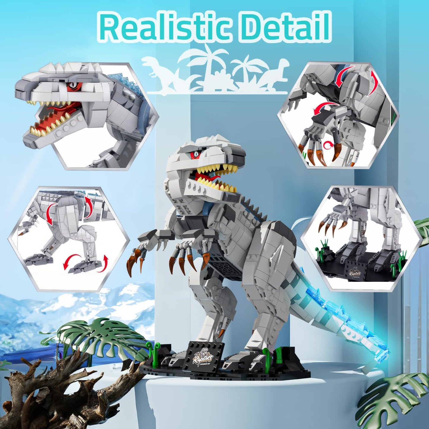 AIRNEY Light Up Dinosaur Building Block Set, 23.6" Glowing Tyrannosaur, Educational Plastic Kit for Boys 6+ and Adults, White