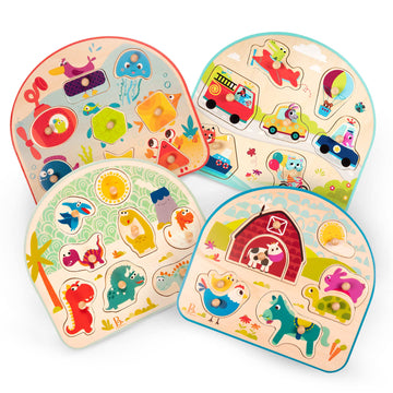 B. Toys- 4 Wooden Peg Puzzles- Dinosaurs, Sea Animals, Vehicles, Farm – Puzzles For Toddlers, Kids – 18 Months +