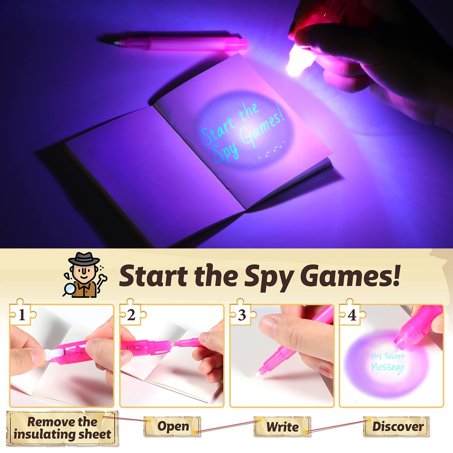 Giftinbox Invisible Ink Pens With Uv Light For Kids, Spy Pen Party Favors For Kids 8-12, 24Pack Invisible Ink Pen And Notebook, Uv Pen For Secret Message Escape Room Birthday Party Favors For Kids 4-8