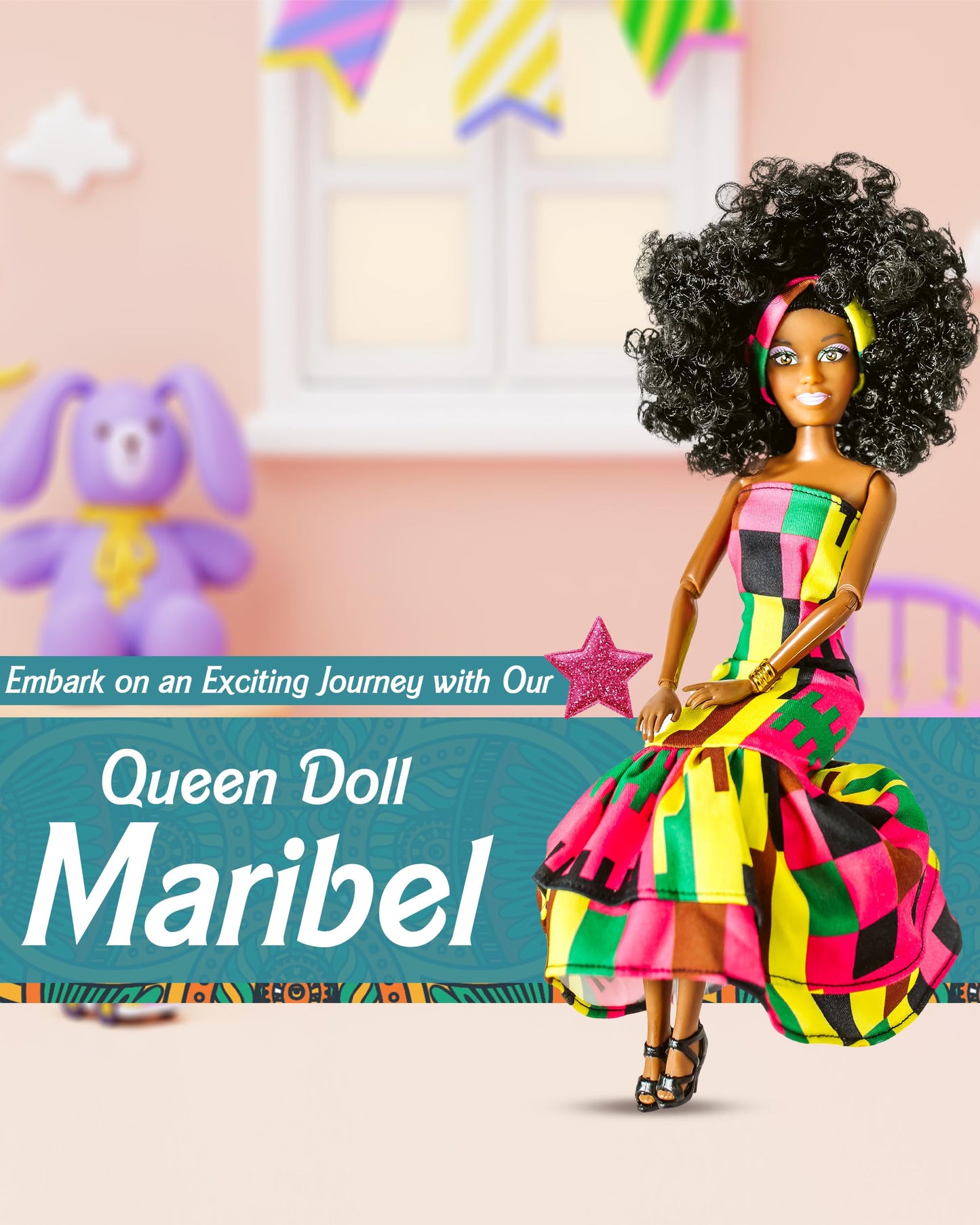 KOOLOREZ: Maribel - Our Queens Black Doll Set - Brown/Black Afro Doll w/Movable Joints - Lovely 12.5 Dark Skin & Diversity Dolls - Vinyl Dolls for Girls with African Heritage Style Outfit
