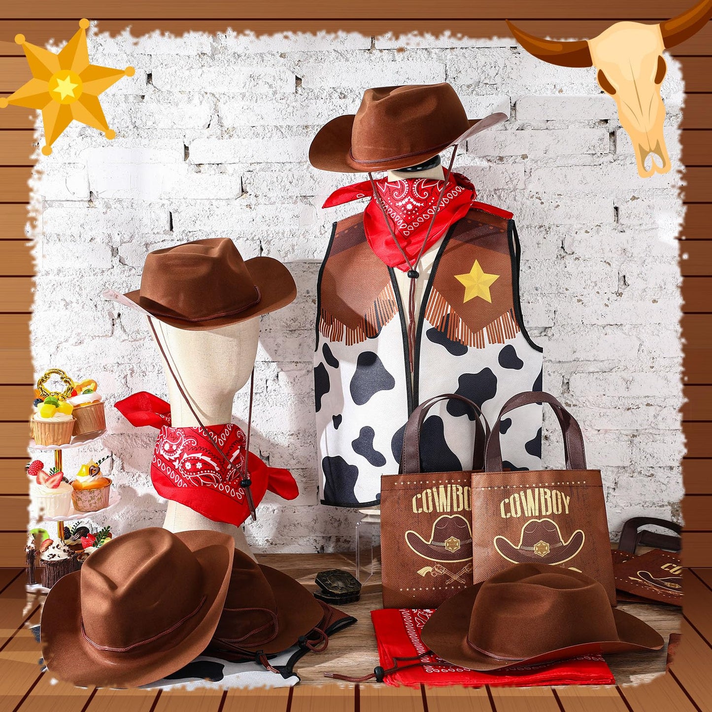 Toulite 24 Pcs Cowboy Cowgirl Hats Pack Cowboy Costume Outfit Include 6 Hats 6 Vest 6 Bandanas 6 Bags for Kids Party(Brown)