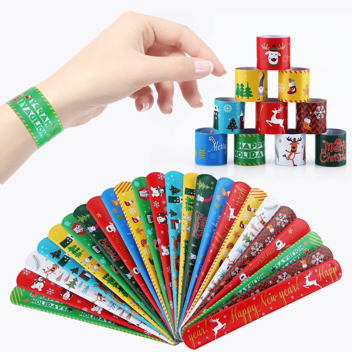 Fnayol 48Pcs Christmas Party Favors Slap Bracelets Rubber Wristbands for Kids Girls Boys