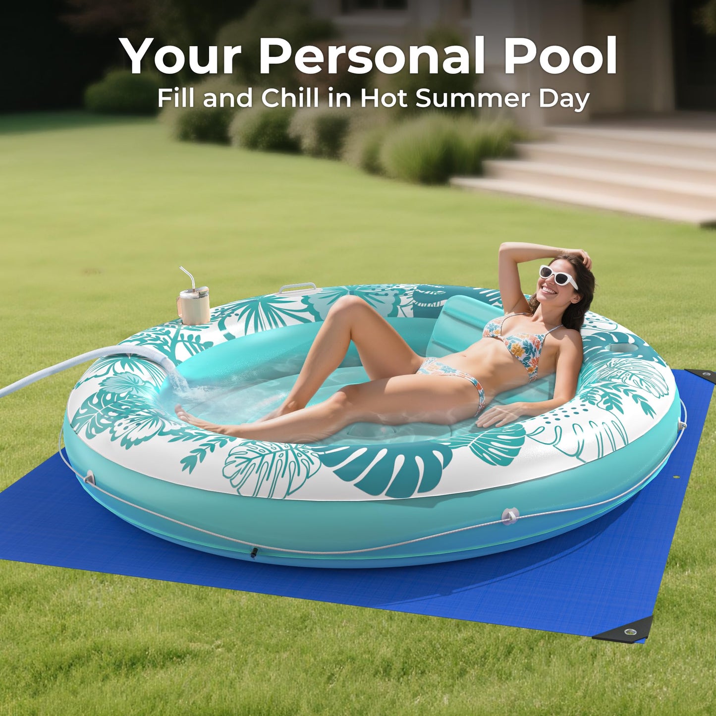 Inflatable Tanning Pool Lounger Float with Protection Tarp  75 x 75 Pool Floats mature-themed with Pillow  6 in 1 Suntan Tub Raft Floatie  Sunbathing Water Lounge Blow Up Pool Kids Ball Pit Party Gifts-Cyan