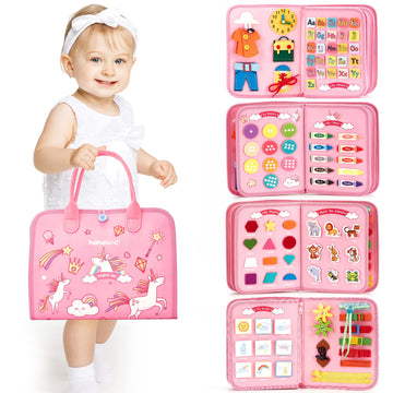 Hahaland Busy Board - Montessori Toys For 2 Year Old Girl Birthday Gift - Preschool Learning Activities With Life Skills,Abc,123,Shape,Color,Animal,Weather,Toddler Travel Toys For Ages 2-4 1-3