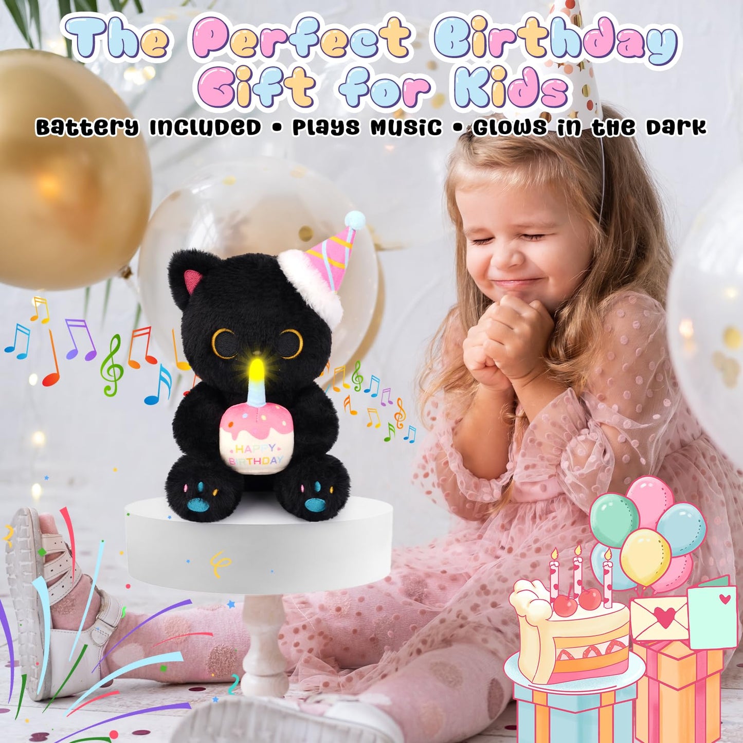 Prewplam Black Cat Plush - Singing & Glow Stuffed Animal, 9" Polyester Birthday Decor Gift for Kids, Model HMYYDGSRMR