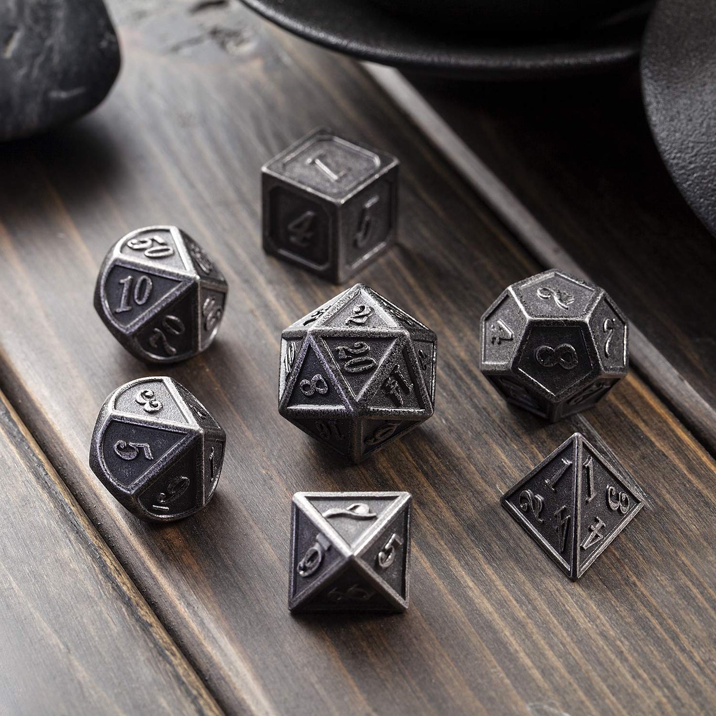 DnDnD Acient Silver Metal DND Dice Set, 7PCS D&D Metal Dice with Metal Case for Dungeons and Dragons, Shadowrun, Pathfinder, Sav