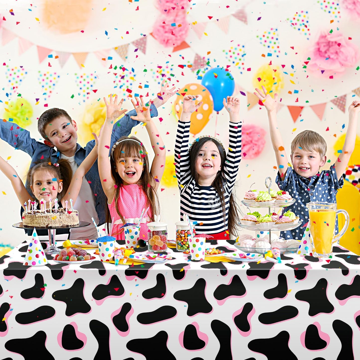 Tiamon 3 Pcs Pink Cow Print Tablecloth 108 x 54 Inch Birthday Party Table Cloth Disposable Plastic Cover for Disco Pink Cowgirl