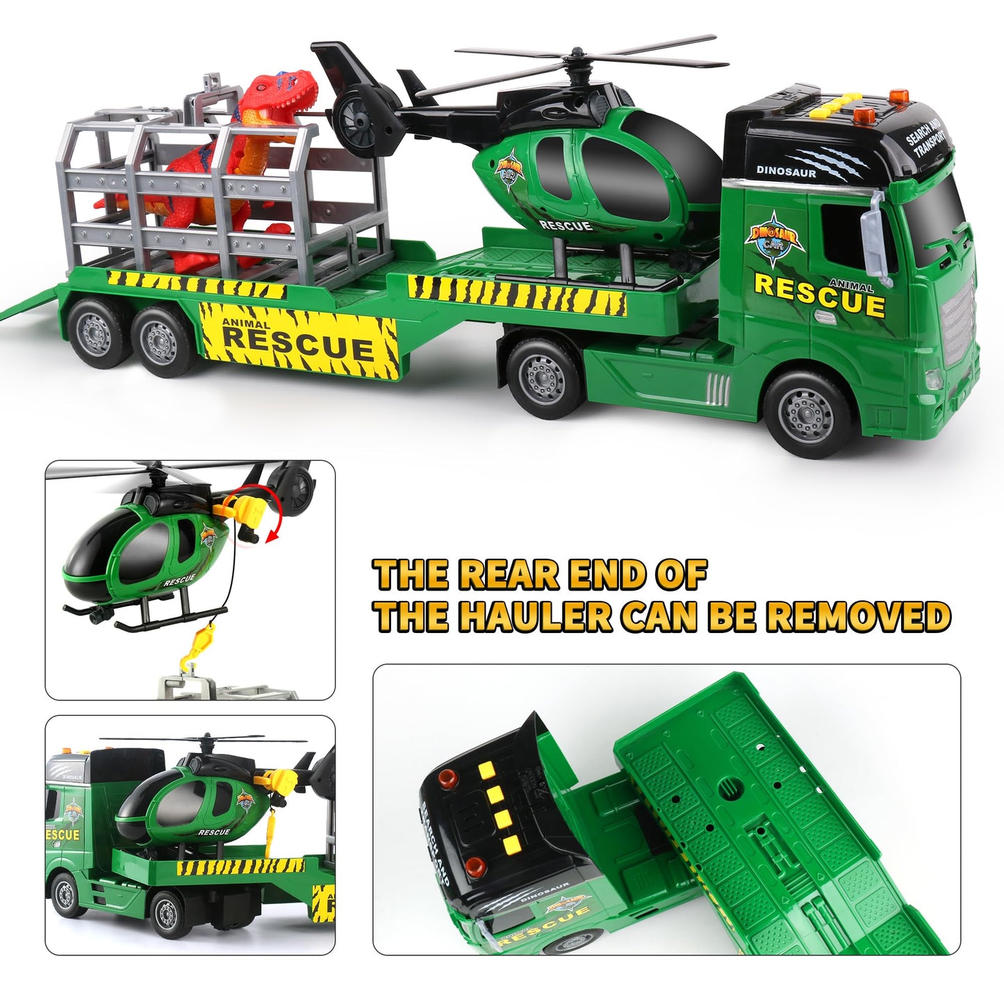 Dwi Dowellin Carrier Truck Toy - 25.6" Semi Truck with Helicopter & Dinosaurs, Green, Model 666-72F, Ideal for Kids Ages 3-6+