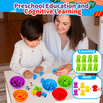 Counting Animals Color Sorting Toys With Rainbow Bowls & Number Color Dice,Montessori Stem Sensory Preschool Educatioal Learning