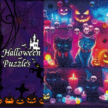 Puzzles 1000 Pieces for mature-themeds Two Pack Glow in The Dark - Spooky Cat & Dog Party Jigsaw Puzzle  Challenging Animal Theme Gift  26.77x19.29 Inch