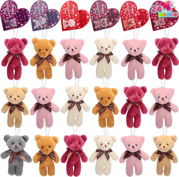 Joyin 24 Packs Valentine'S Day Heart Cards With Plush Toy Party Favors, Mini Stuffed Animal Plush Toys For Valentines Day Gifts, Kids Classroom School Exchange Prize (Brown Bear)