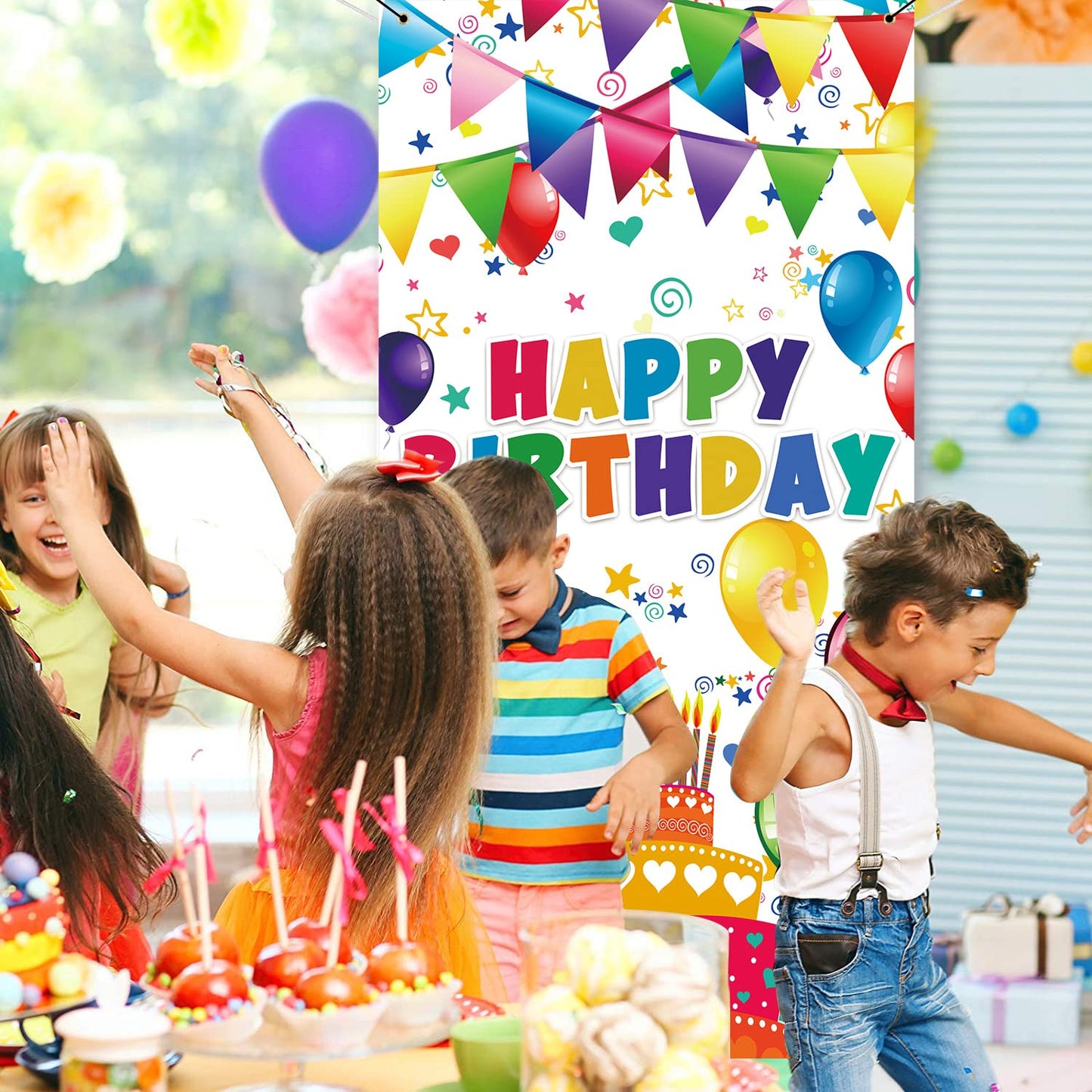 3X6Ft Colorful Kids Birthday Party Door Banner Children Newborn Baby Shower Happy Birthday Background Balloons Candy Bar Gifts B