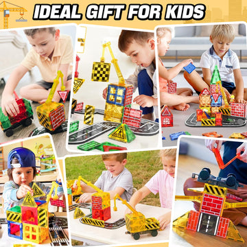 Magnetic Tiles Road Building Blocks - Magnet Crane Car Set For Kids Ages 3-5 4-8 5-7 Preschool City Construction Kids Games Dino