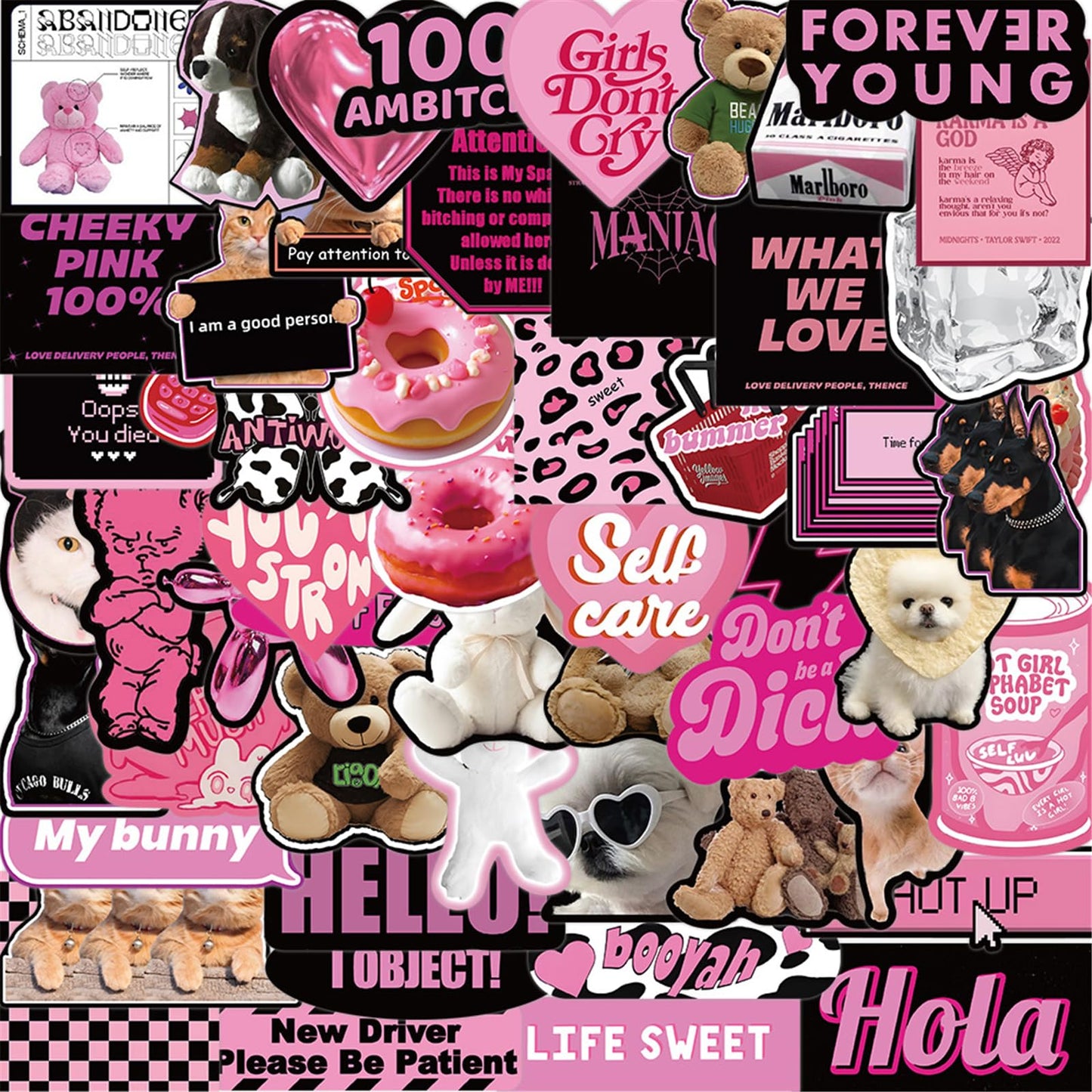 Cool But Cute Y2K Stickers (55 Pieces) - Kawaii, Black & Pink Themed, Waterproof | Stickers For Kids, Girls, Teens, Laptop, Wate