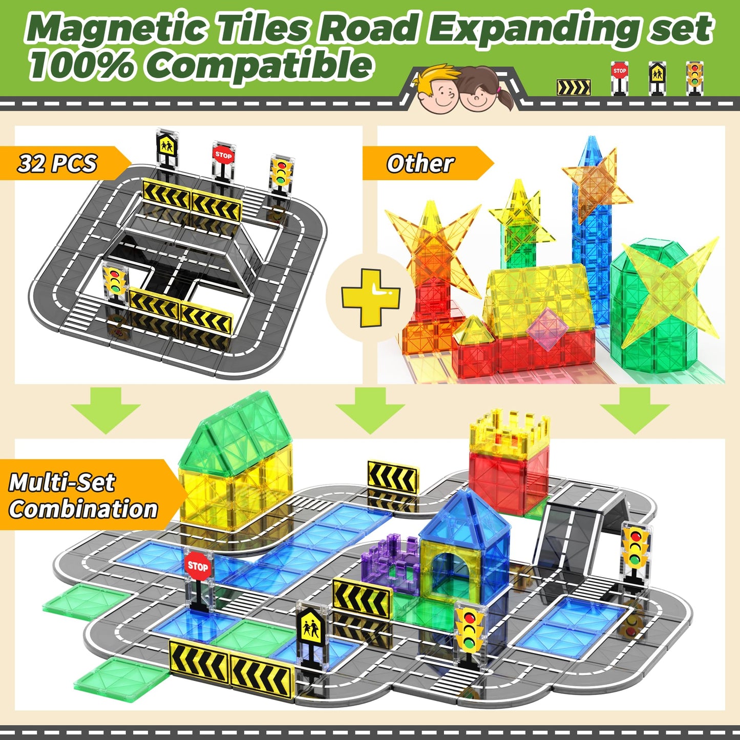 Goodtiles Magnetic Tiles Road Expansion Set, Stem Magnetic Building Blocks For Kids Ages 3-5 4-8 5-7, Preschool Learning Sensory