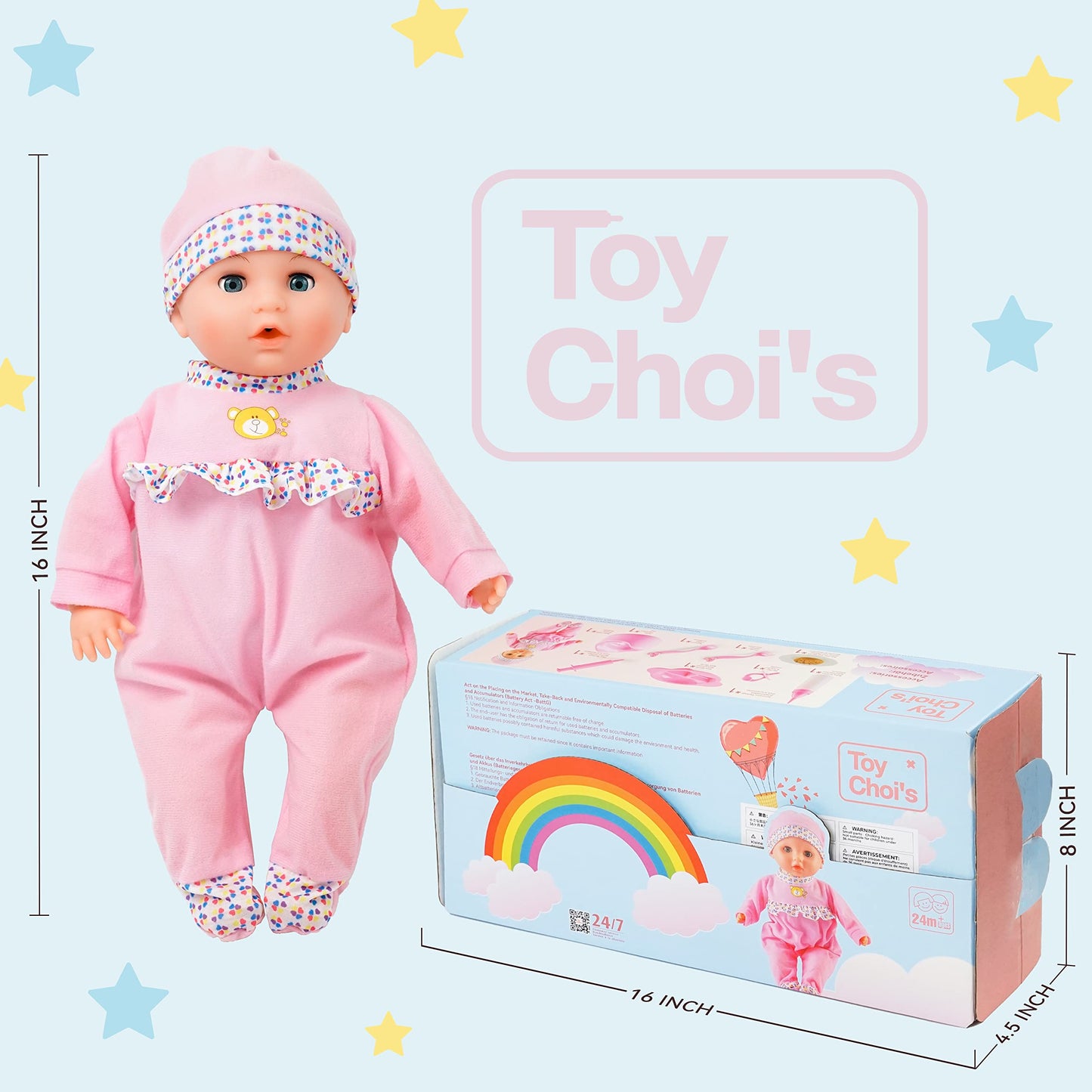 Toy Choi's 16 Inch Interactive Baby Doll - Pink Talking Feeding Doll with Accessories for Toddlers 2+ Years, Model 8099