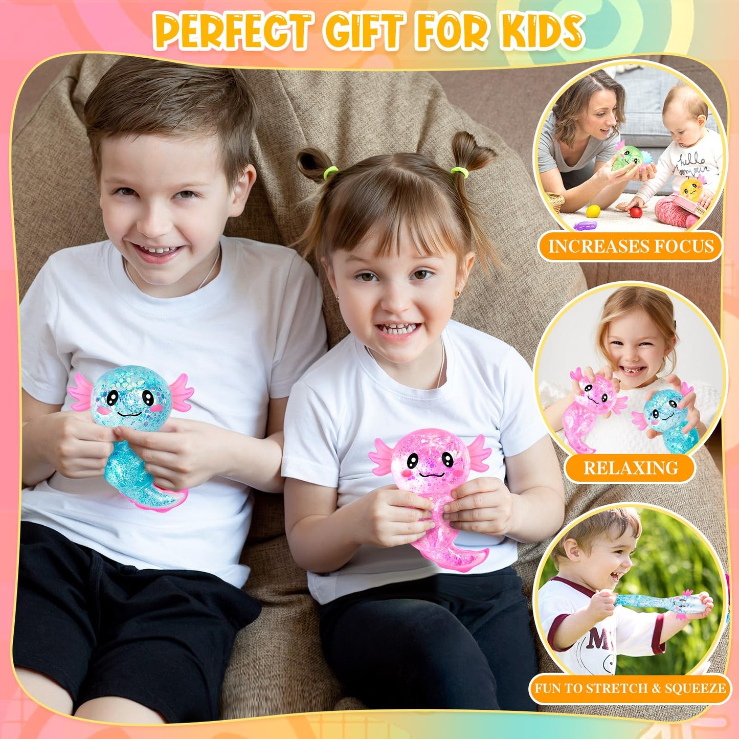 8Pcs Glitter Stress Relief Axolotl Toy Cute Malt Sugar Filled Sensory Fidget Toy For Kids Adults Soothing Birthday Party Favors