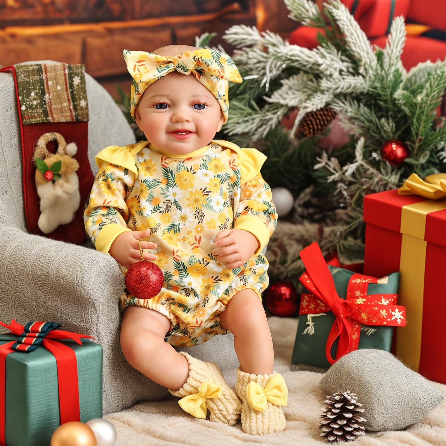 Babeside 3 Pcs Reborn Baby Doll Clothes For 17-22 Inch Dolls, Baby Doll Outfits Accessories With Floral Pattern For Lifelike Reborn Baby Dolls Accessories, Yellow