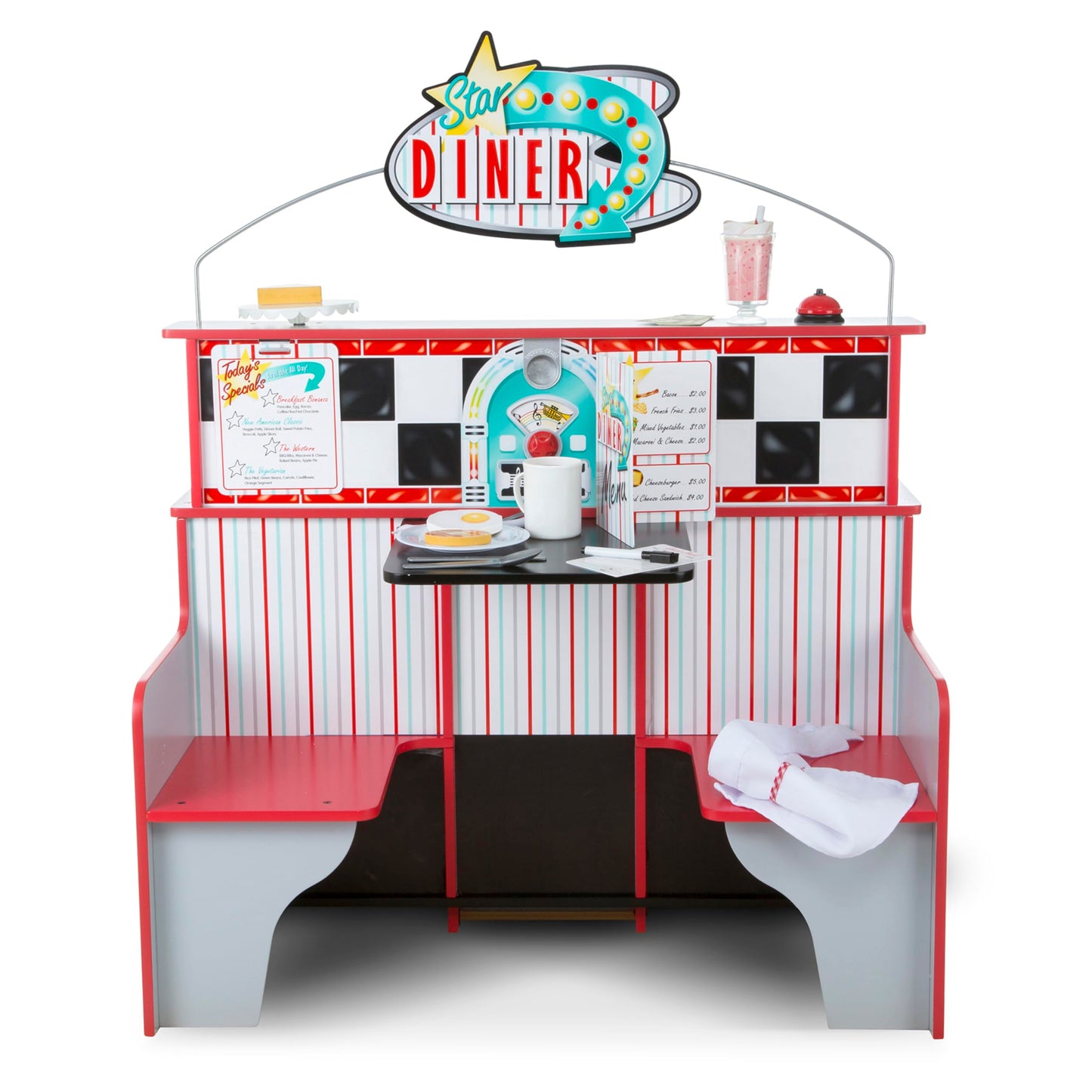 Melissa & Doug Double-Sided Wooden Star Diner Play Space, Red, 35" H x 23" W x 43.5" L, Model 3951, Durable Plastic Construction