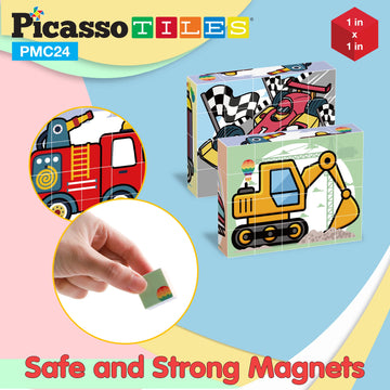 Picasso Cubes Magnetic Cube Puzzle 6-In-1 Vehicle Theme Pattern Magnet Brain Teaser Cubes Building Block 120 Pictures Toy Set Ki