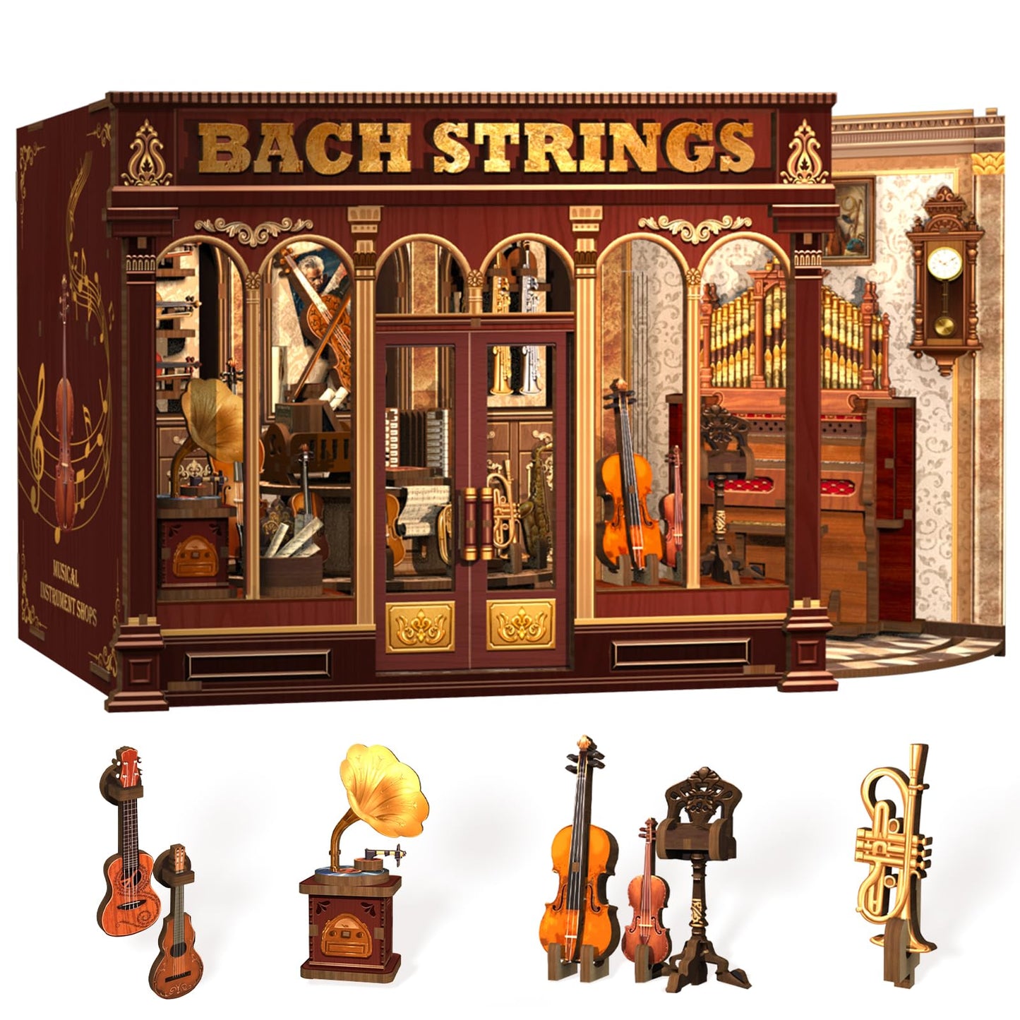 Fsolis Book Nook Kit - DIY Scene Miniature Dollhouse Kit for mature-themeds  Shelf 3D Puzzles 285 pcs  Tiny House Mini Music Shop Model Booknook Craft Bookshelf Decor Gifts for Women (Bach Strings)