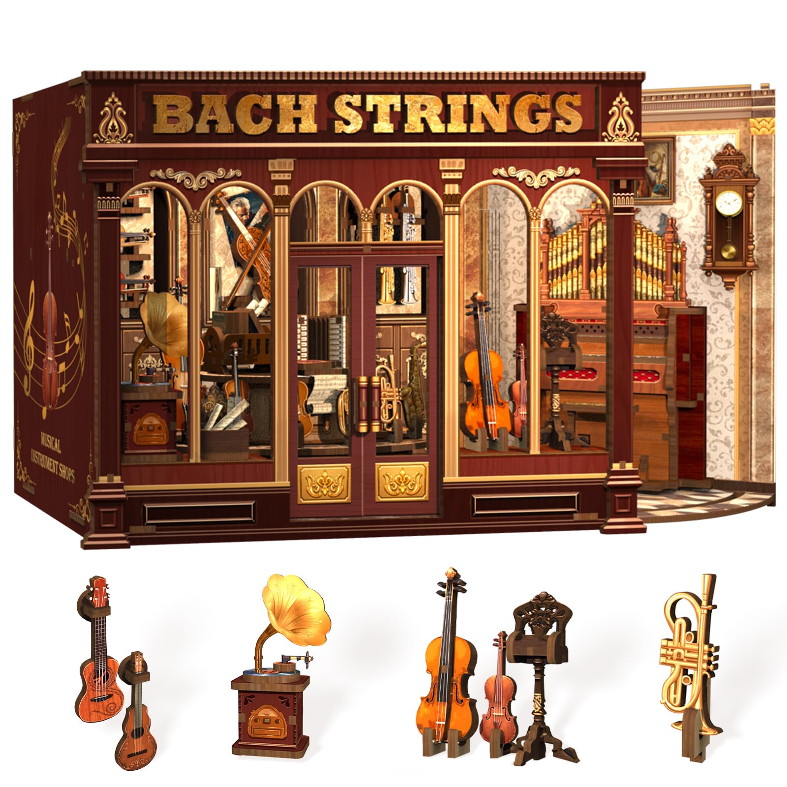 Fsolis Book Nook Kit - DIY Scene Miniature Dollhouse Kit for mature-themeds  Shelf 3D Puzzles 285 pcs  Tiny House Mini Music Shop Model Booknook Craft Bookshelf Decor Gifts for Women (Bach Strings)